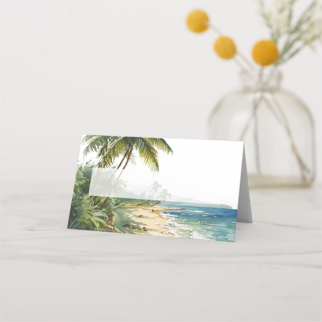 Watercolor Tropical Beach Wedding Place Card (Front)