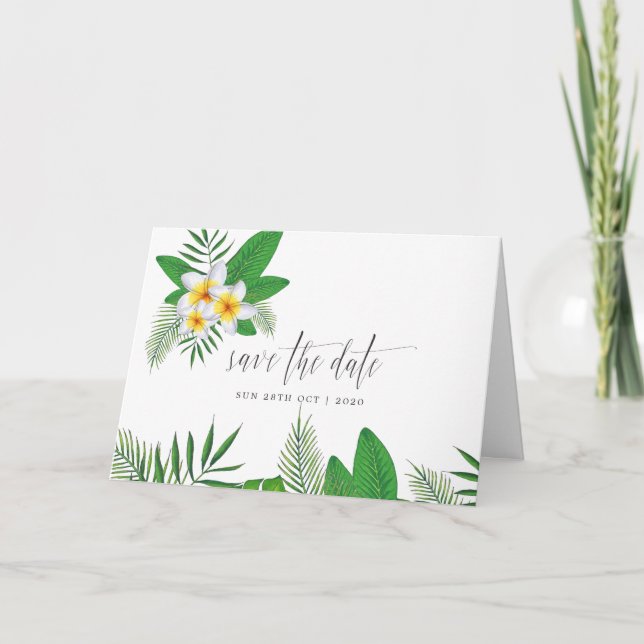 Watercolor Tropical Beach Wedding Save the Date Card (Front)