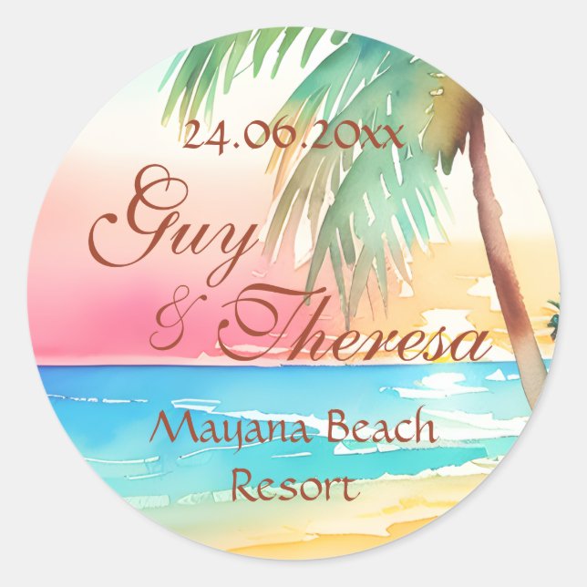 Watercolor Tropical Beach Wedding Sticker (Front)