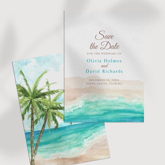 Watercolor Tropical Beach with Palm Trees Save The Date (Watercolor Tropical Beach Save the Date on a white table.)