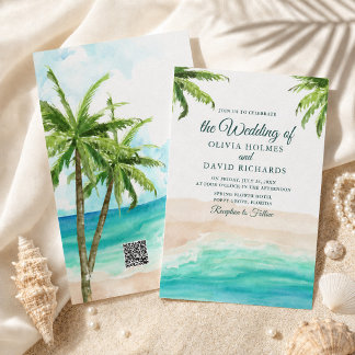 Watercolor Tropical Beach with QR Code Wedding Invitation