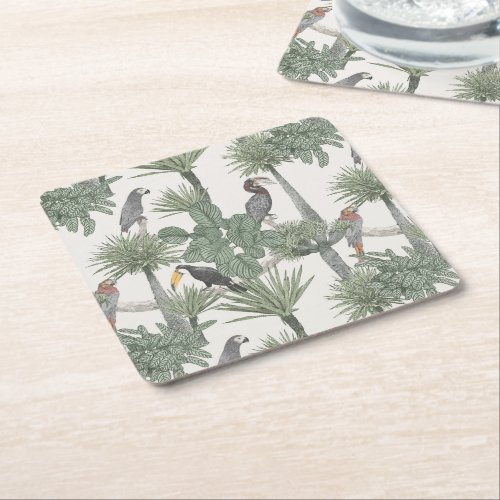 Watercolor Tropical Bird Pattern Square Paper Coaster