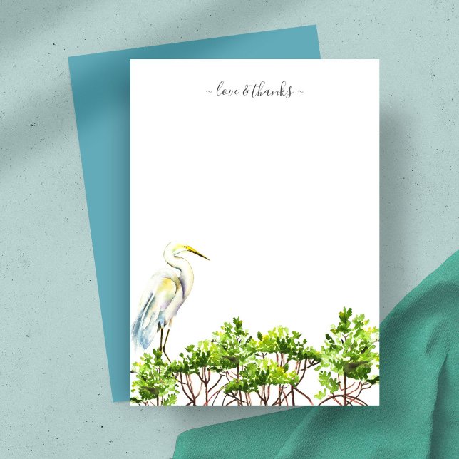Watercolor Tropical Bird Personalized Stationery Note Card (Thank you card features tropical watercolor art by Victoria Grigaliunas great white heron mangroves)