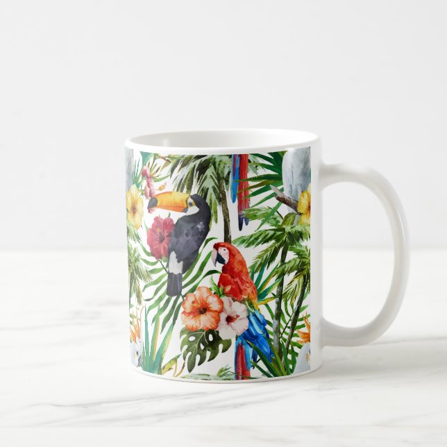 Watercolor tropical birds and foliage pattern coffee mug (Right)