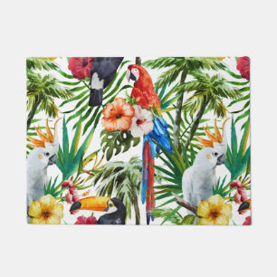 Watercolor tropical birds and foliage pattern doormat