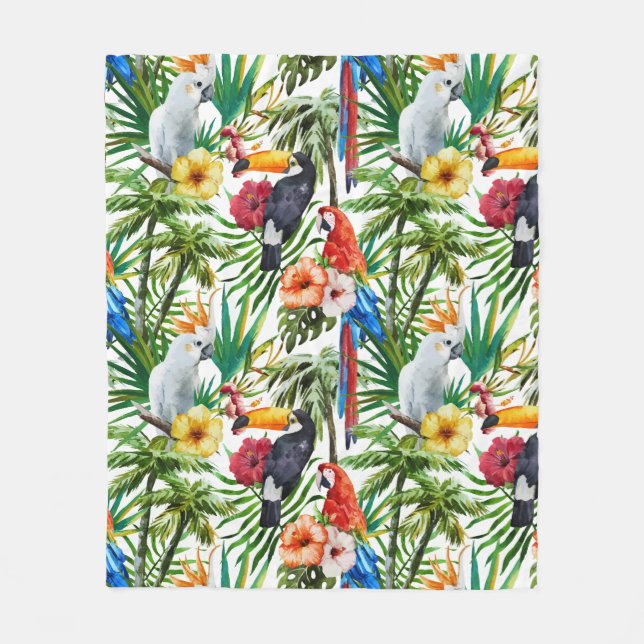 Watercolor tropical birds and foliage pattern fleece blanket (Front)