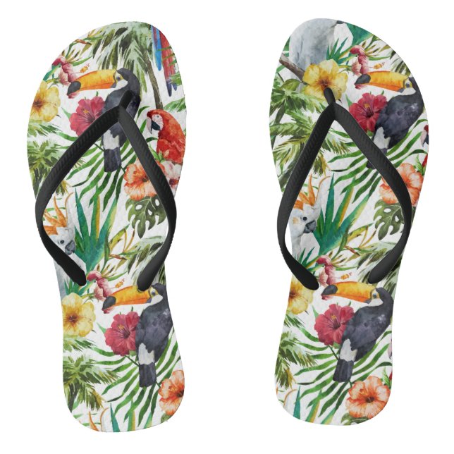 Watercolor tropical birds and foliage pattern flip flops (Footbed)