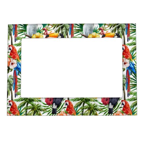 Watercolor tropical birds and foliage pattern magnetic frame