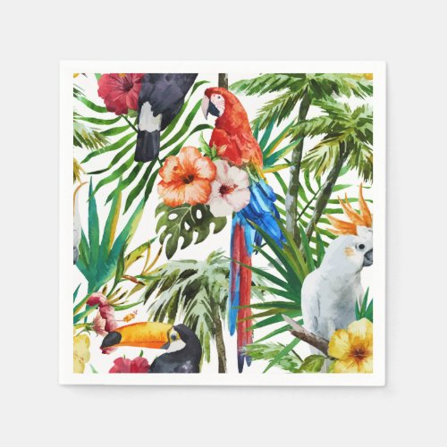 Watercolor tropical birds and foliage pattern paper napkins