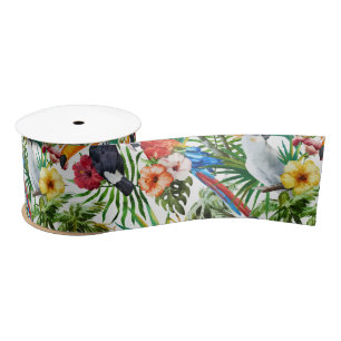Watercolor tropical birds and foliage pattern satin ribbon