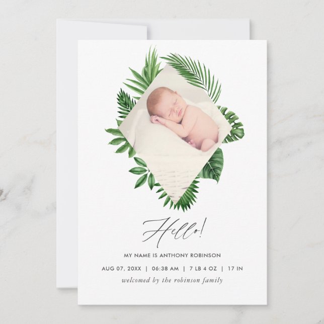 Watercolor Tropical Birth Announcement Photo Card (Front)
