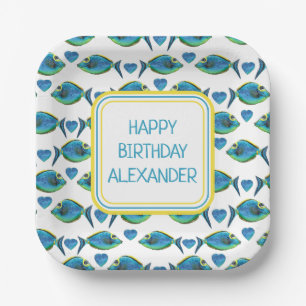 Watercolor Tropical Blue Fish and Hearts Paper Plates