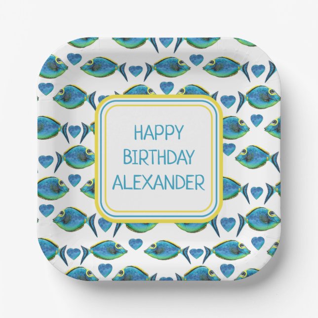 Watercolor Tropical Blue Fish and Hearts Paper Plates (Front)