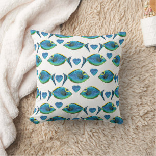 Watercolor Tropical Blue Fish and Hearts Throw Pillow