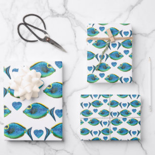 Watercolor Tropical Blue Fish and Hearts Wrapping Paper Sheets