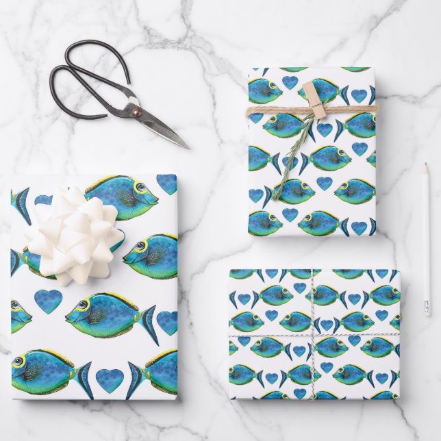 Watercolor Tropical Blue Fish and Hearts Wrapping Paper Sheets (Front)
