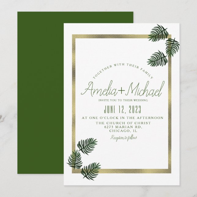 Watercolor Tropical Botanical Foil Palm Wedding Invitation (Front/Back)