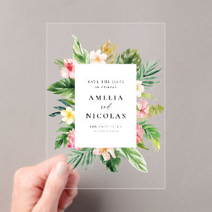 Watercolor Tropical Botanical Frame Save the Date Acrylic Invitations