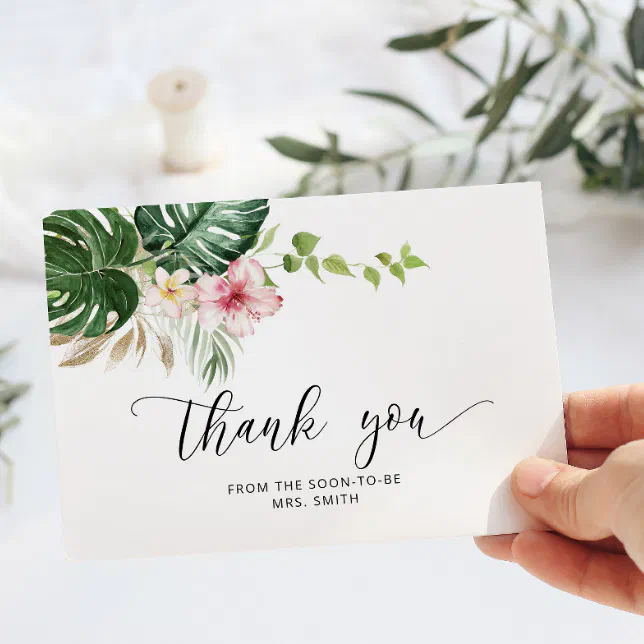 Watercolor tropical bridal shower thank you card | Zazzle