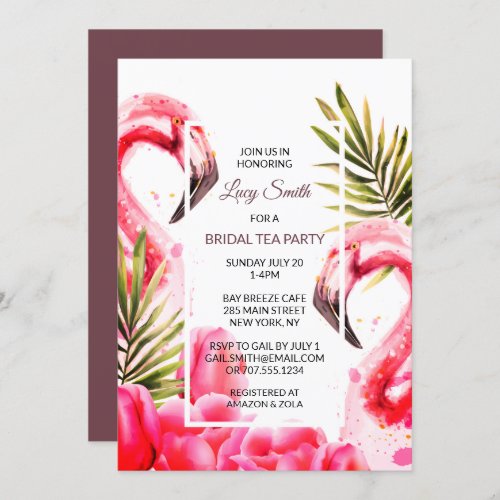 Watercolor Tropical Bridal Tea Party  Flamingoes Invitation