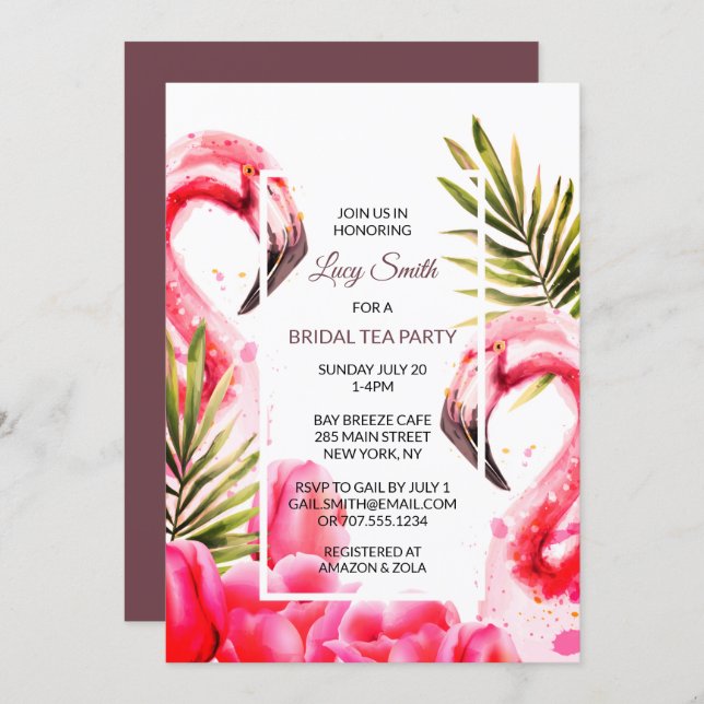 Watercolor Tropical Bridal Tea Party | Flamingoes Invitation (Front/Back)