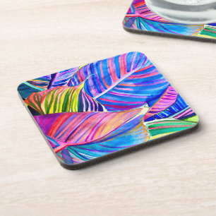 Watercolor tropical canna leaves beverage coaster