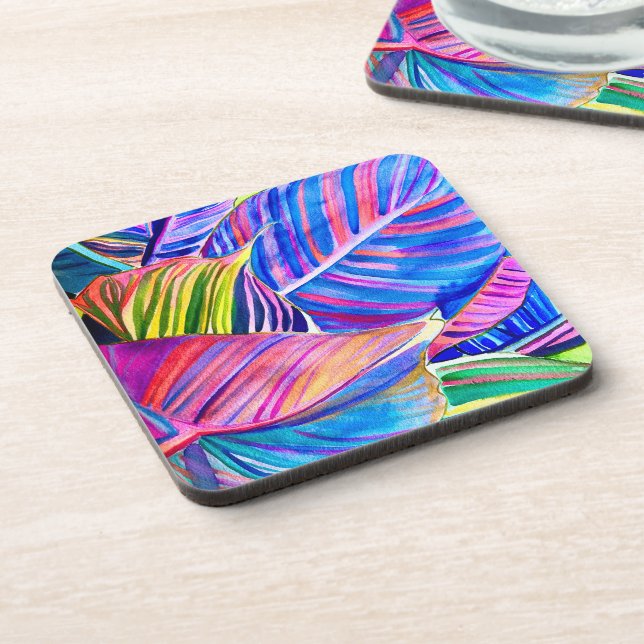 Watercolor tropical canna leaves beverage coaster (Left Side)