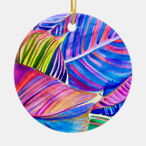 Watercolor tropical canna leaves ceramic ornament