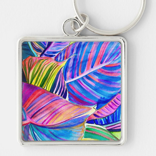 Watercolor tropical canna leaves keychain (Front)