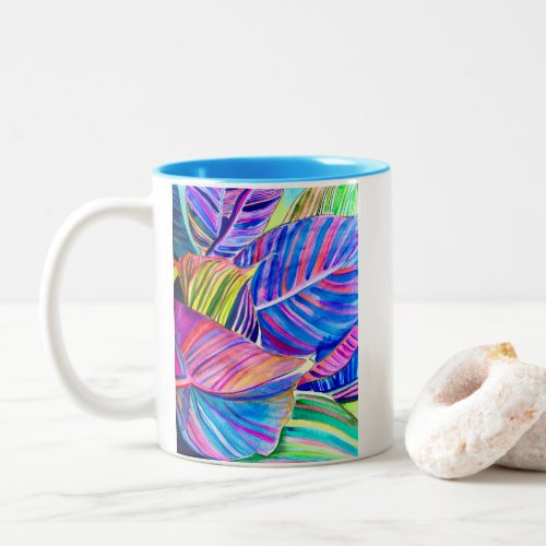 Watercolor tropical canna leaves Two_Tone coffee mug