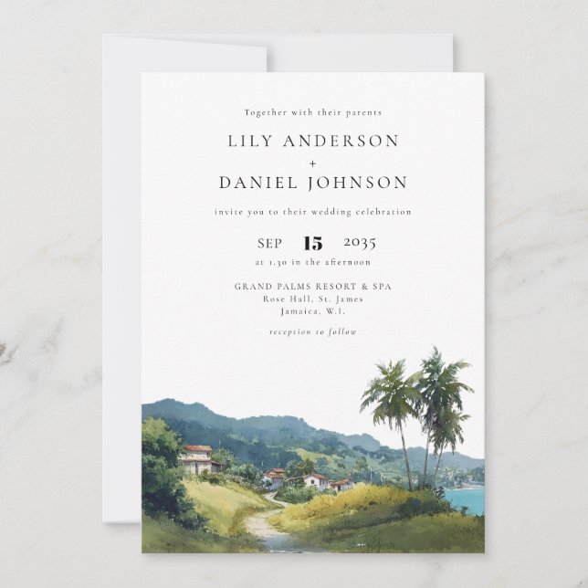 Watercolor Tropical Caribbean QR Code Wedding Invitation (Front)