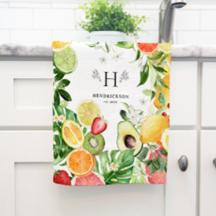 Watercolor Tropical Citrus Fruit Monogram Kitchen Towel