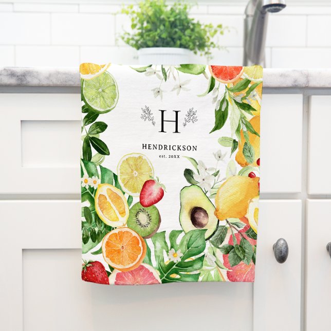 Watercolor Tropical Citrus Fruit Monogram Kitchen Towel (Creator Uploaded)