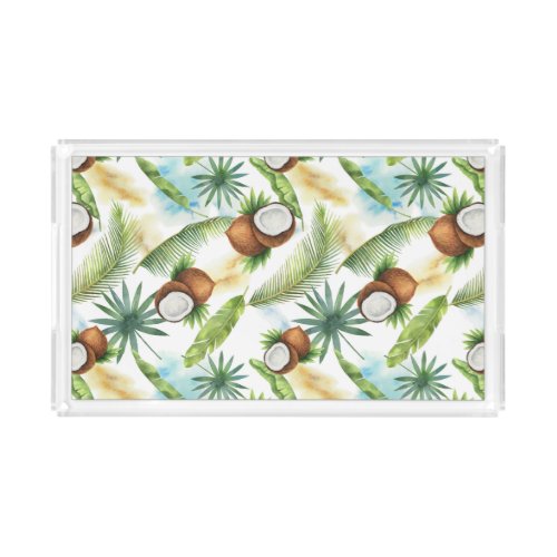 Watercolor Tropical Coconut Pattern Acrylic Tray