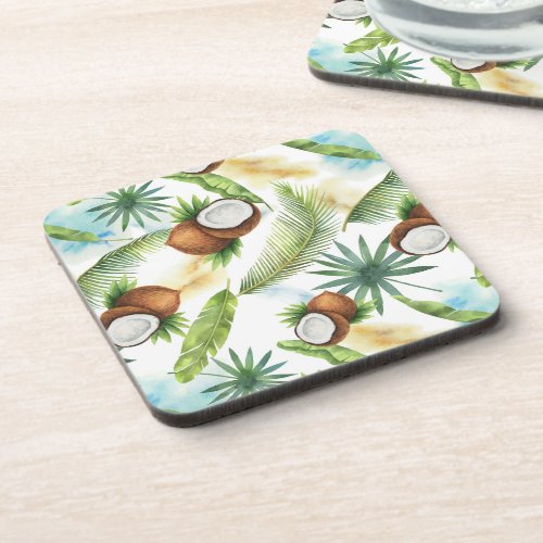 Watercolor Tropical Coconut Pattern Beverage Coaster