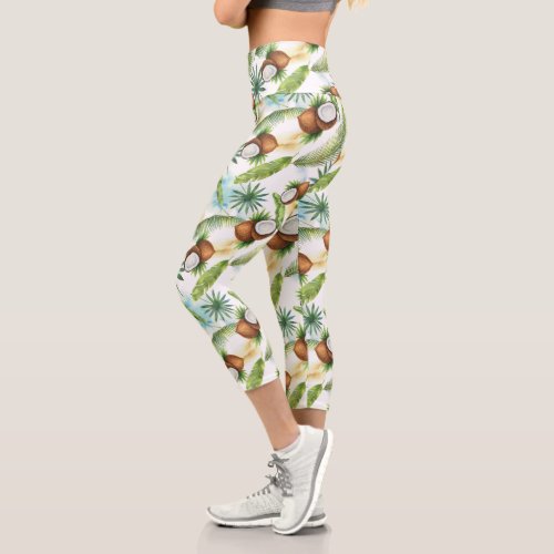 Watercolor Tropical Coconut Pattern Capri Leggings