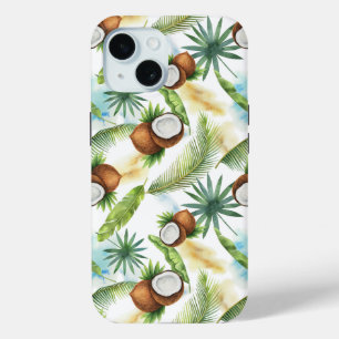 Watercolor Tropical Coconut Pattern iPhone 15 Case