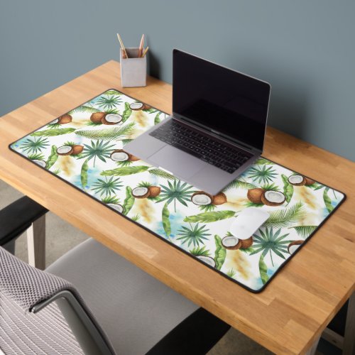 Watercolor Tropical Coconut Pattern Desk Mat