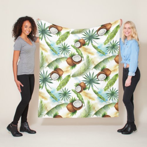 Watercolor Tropical Coconut Pattern Fleece Blanket