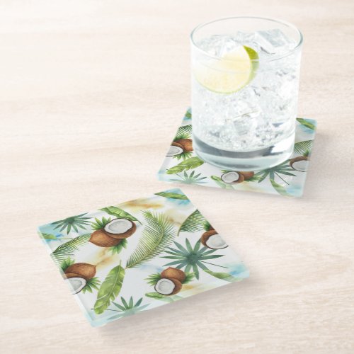 Watercolor Tropical Coconut Pattern Glass Coaster