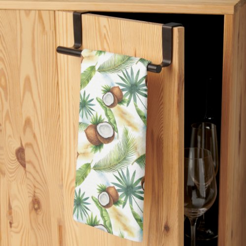 Watercolor Tropical Coconut Pattern Kitchen Towel