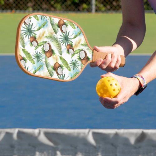 Watercolor Tropical Coconut Pattern Pickleball Paddle
