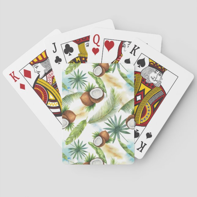Watercolor Tropical Coconut Pattern Poker Cards (Back)