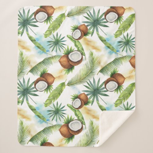 Watercolor Tropical Coconut Pattern Sherpa Blanket