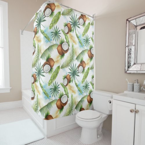 Watercolor Tropical Coconut Pattern Shower Curtain