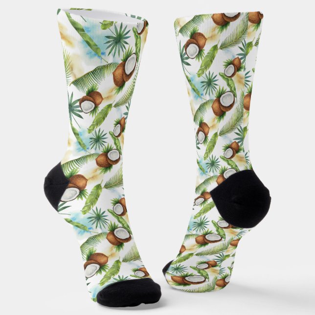 Watercolor Tropical Coconut Pattern Socks (Angled)