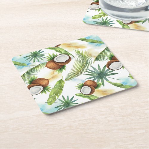Watercolor Tropical Coconut Pattern Square Paper Coaster