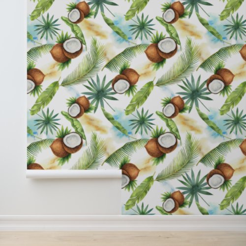 Watercolor Tropical Coconut Pattern Wallpaper