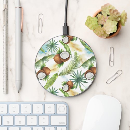 Watercolor Tropical Coconut Pattern Wireless Charger