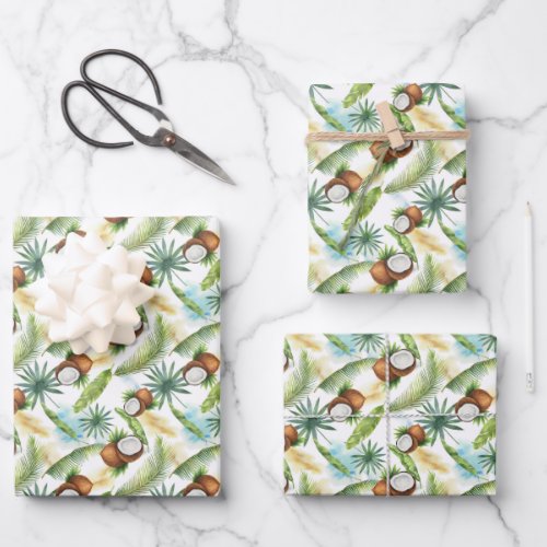 Watercolor Tropical Coconut Pattern Wrapping Paper Sheets